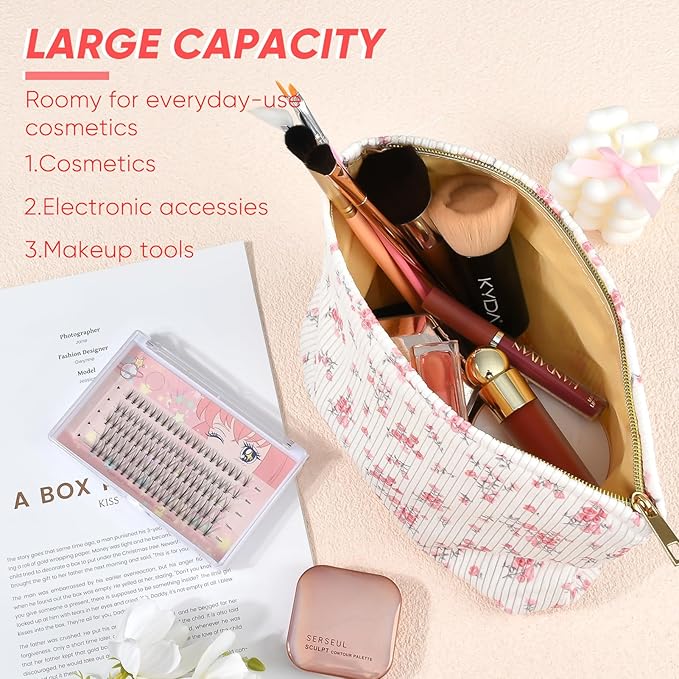 Cute Makeup Pouch for Women Flower Small Make Up Bag for Purse Zipper Initial Cosmetic Bags Pouches for Purse Aesthetic Travel Toiletrybags Gift,Red Floral
