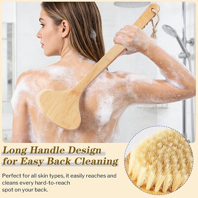 Bamboo Bath Brush with Curved Long Handle, Natural Bristle Back Scrubber for Shower, Exfoliating Body Brush for Wet or Dry Use, Anti-Slip Design for Gentle Deep Cleaning, Wood Color