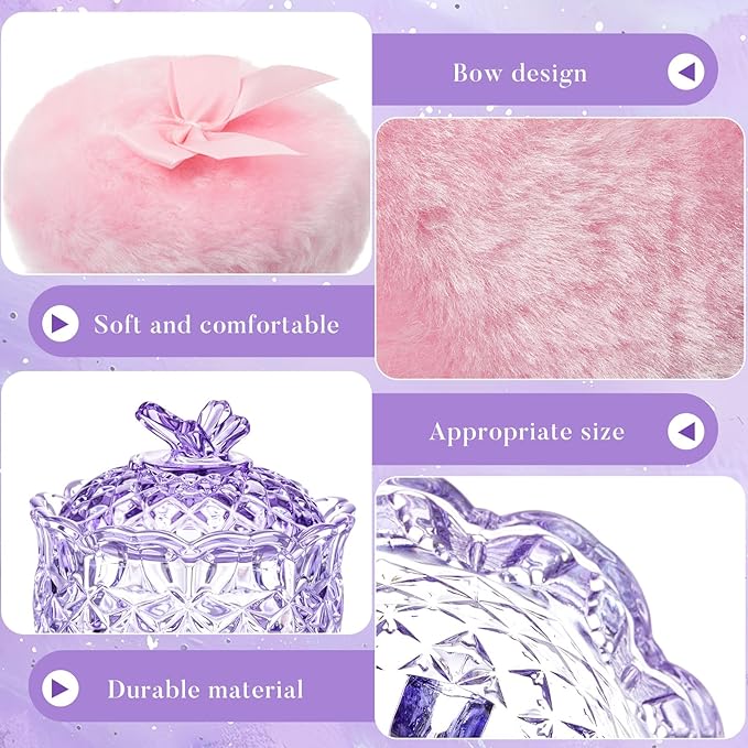 Tioncy 3 Pcs Large Body Powder Puff and Container Valentine's Day gift Powder Container with Puff Crystal Case Soft Washable Reusable Velour Face Body Glitter Wet Dry Makeup(Butterfly,Purple)