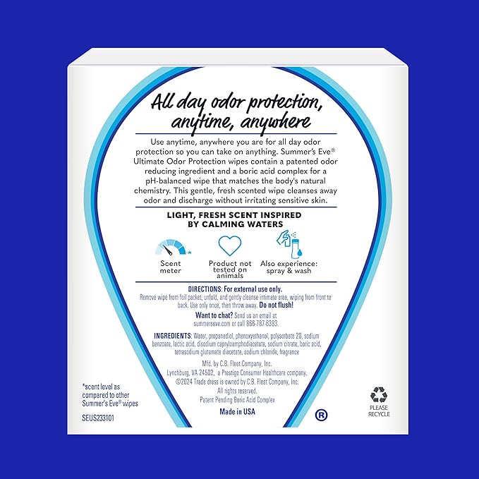 Summer's Eve Feminine Wipes, 12 ct (Pack of 3) | Ultimate Odor Control | Boric Acid | pH Balance | On-the-go