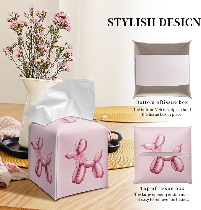 Grace Yonks Cute Tissue Box Cover Square - Pink Balloon Dog & Bow Design 5.2" PU Leather Holder for Vanity, Desk, or Bathroom Counter - Cube Case for Facial Tissues(011)