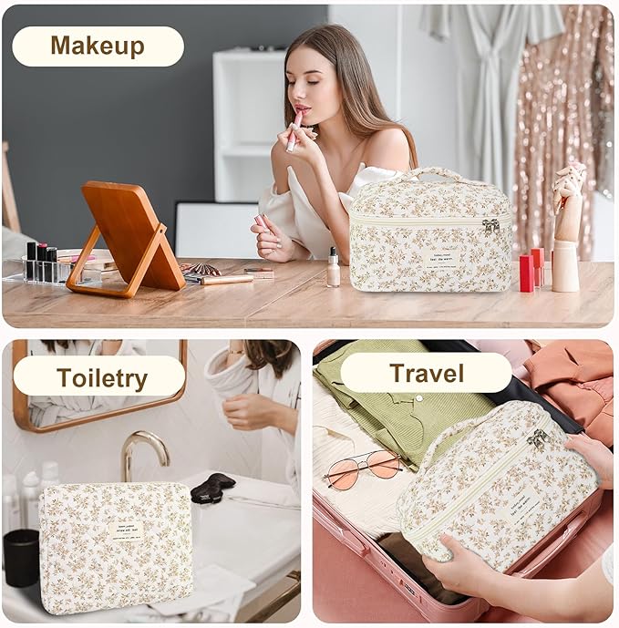 3Pcs Makeup Bag Cotton Quilted Travel Cosmetic Bag Cute Floral Makeup Pouch Large Toiletry Bag for Women Girls