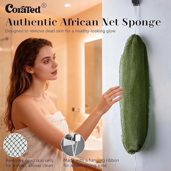 CORATED African Net Sponge Authentic, Shower Loofah Exfoliating Bath Sponge, Body Scrubber for Women Daily Use Body Care, Travel Portable Bath Accessories for Bathroom (Olive Green & Light Green)