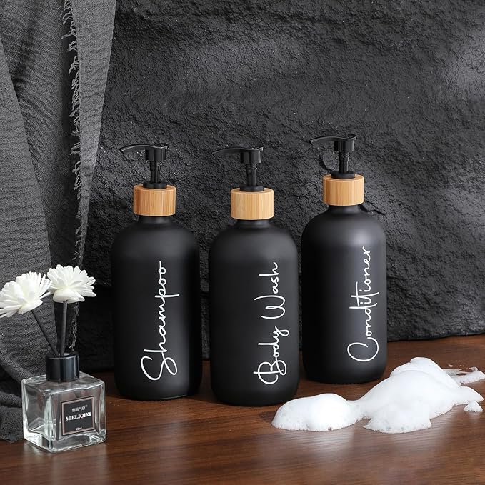Glass Shampoo and Conditioner Pump Bottles Soap Dispenser Bamboo Pump Head Empty Glass Refillable Shampoo Conditioner Body Wash Soap Bottles for Bathroom, 17 oz, 3 Pack, Black