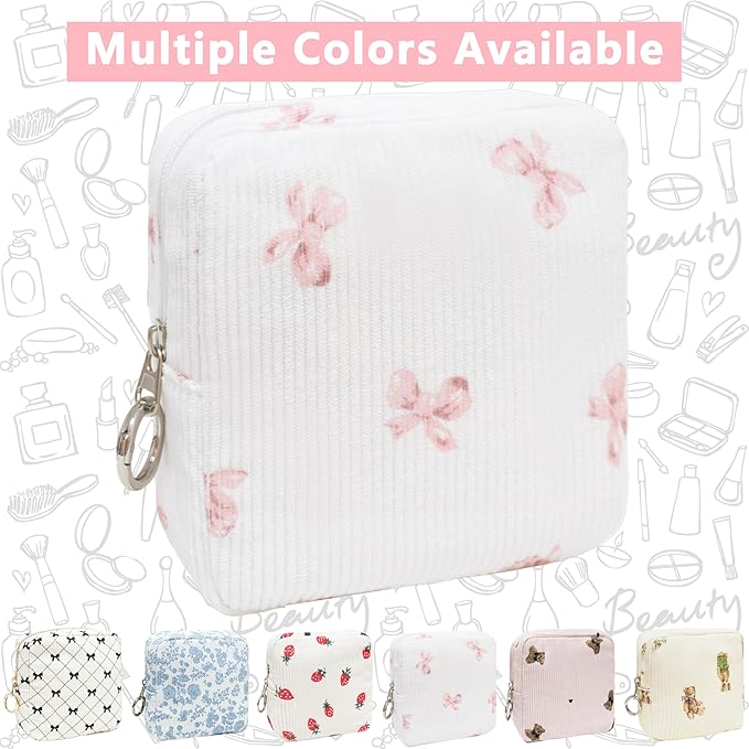 Period Bag for Girls, Corduroy Sanitary Napkin Storage Bag, Period Pouch & Tampon Holder, Feminine Care Organizer（Pink Bow）