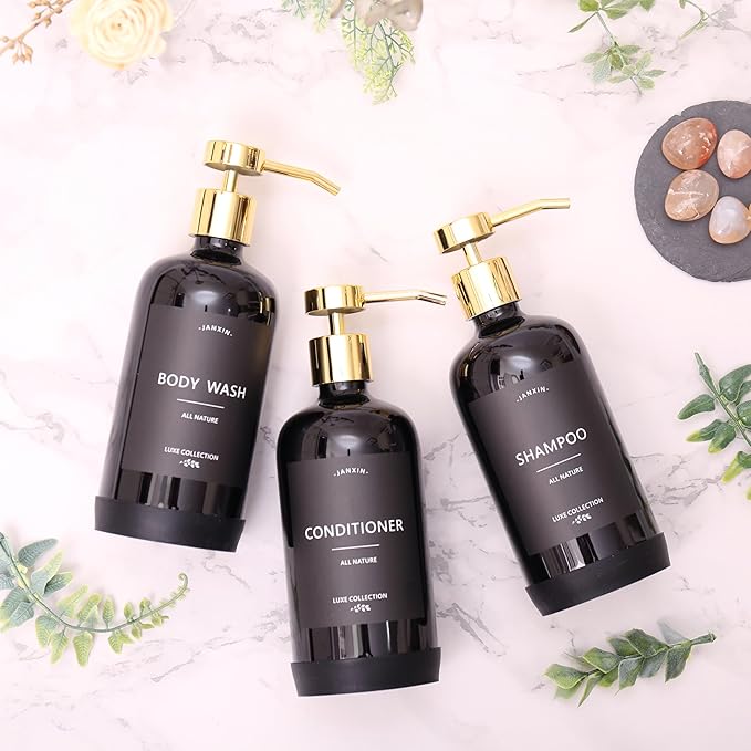 Shampoo and Conditioner Dispenser Set of 3,Refillable 21oz Shampoo Bottles with Non-Slip Protective Silicone Pad,Shower Soap Dispenser with Waterproof Labels for Bathroom (Black)