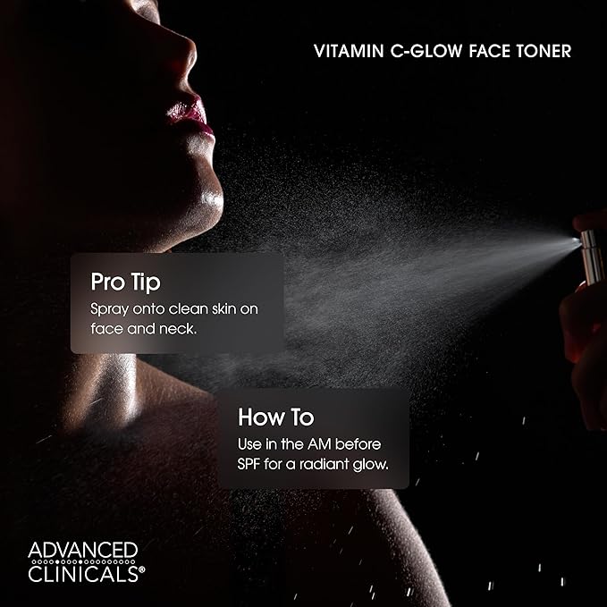 Advanced Clinicals Vitamin C Glow Facial Mist Toner for Face W/Rosewater, Ferulic Acid, & Peptides. Vitamin C Antioxidant Moisturizer Face Mist Provides Instant Skin Hydration, Non-Greasy, 8 Fl Oz