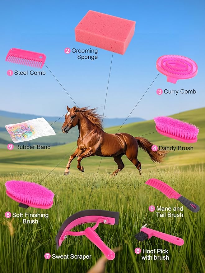 Horse Grooming Kit, Pink Storage Bag with 10 Piece Professional Equestrian Care Tools, Brushes, Combs, Scraper and Gloves (Pink)
