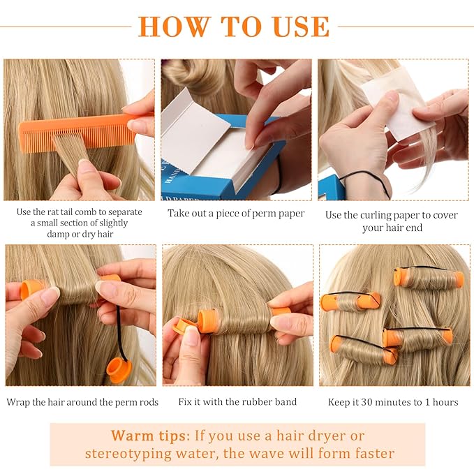 WILLBOND Hair Styling Kit: 48 Hair Perm Rods Plastic Cold Wave Rods, 2 Steel Pintail Combs, 350 Perm Papers, 6 Duck Bill Clips for Hairdressing Styling(Orange)