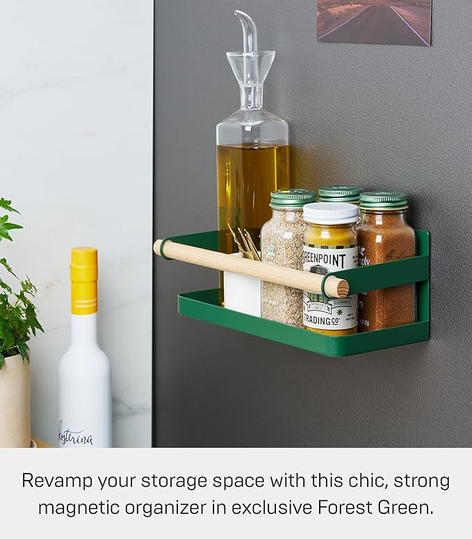 YAMAZAKI Home Tosca Magnetic Spice Storage Rack Organizer For Fridge - Steel + Wood