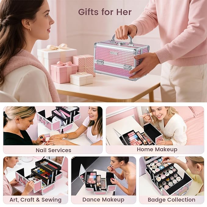 FRENESSA Makeup Train Case Makeup Box Organizer Portable Cosmetic Travel Case Makeup Case with Mirror Locking Make Up Cases Organizers and Storage for Nail Supplies Hard Cosmetic Box Shiny Pink