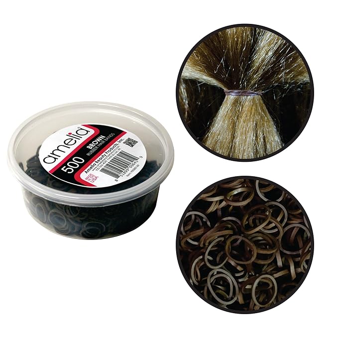 Amelia Beauty 500 Count Small Rubber Bands for Hair – ½" Brown - Made in USA - Recloseable Container - Mini Hair Elastics for Braids, Ponytails, Cornrows & Twists – Strong Hold Ponytail Holders