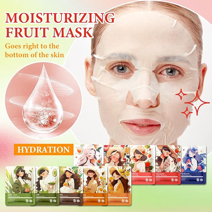 10 Pack Variety Facial Sheet Masks Skin Care Set, Hydrating Bulk Sheet Face Masks Skincare Gifts Set for Women Men, Long Lasting Moisturizing Face Mask Skincare for All Skin Type（02