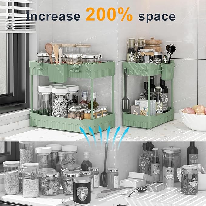 2 Pack Under Sink Organizer, Under Bathroom Cabinet Organizer with Hooks Hanging Cup, Multi-Purpose Storage Shelf for Kitchen Bathroom (Green, 14.8 Inch)
