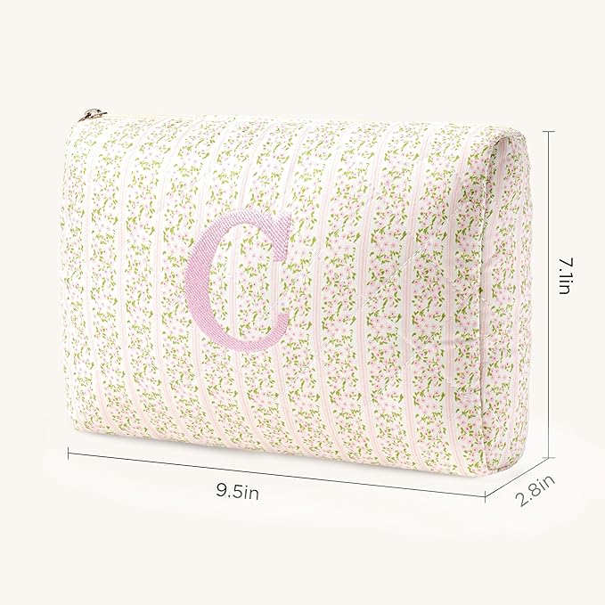 HBselect Initial Quilted Makeup Bag, Pink Cosmetic Travel Toiletry Bag, Flowers Coquette Zipper Make Up Pouch Organizer Teen Girl Gift Trendy Stuff C