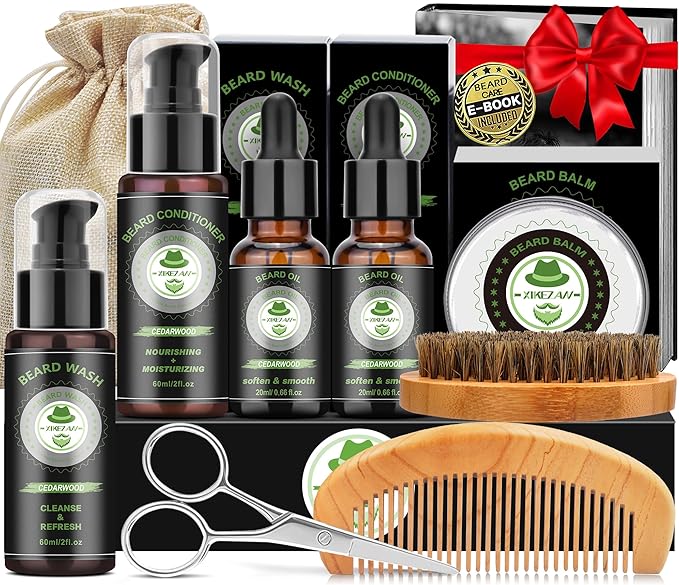 Dad Husband Christmas Gifts,XIKEZAN Beard Kit for Men Grooming with Cedarwood Wash,Conditioner,Oil,Balm,Brush,Comb,Scissors,Anniversary Valentines Birthday Fathers Gift Ideas for Men Grandpa Boyfriend