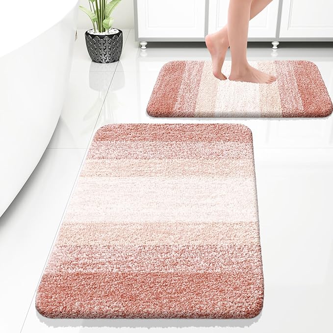 OLANLY Bathroom Rug Set 2 Piece, Soft Absorbent Microfiber Bath Rug Set, Non-Slip, Machine Wash Dry, Plush Shaggy Bath Mats for Bathroom (30"x20"+24"x16", Peach)