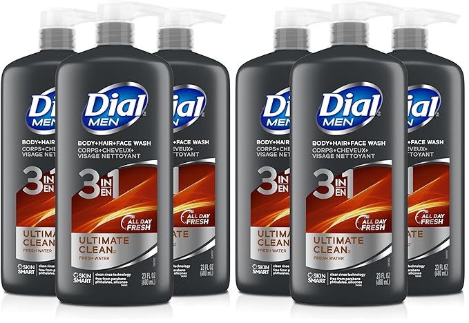 Dial Men 3 in 1 Body,Hair and Face Wash,Refresh,16 Fl Oz,Cleanses Deep + Gentle on Skin with Clean Rinse Technology,(Pack of 6)