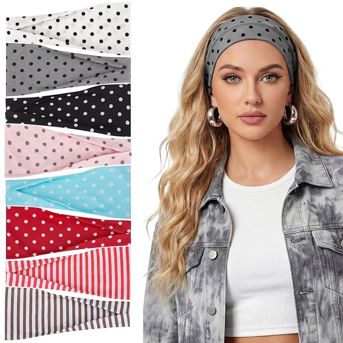 obeoby 8 Pack Polka Dot Headband for Retro Y2K Style, Trendy Stripe Hairbands for Girls Non Slip Head Bands for Women's Hair