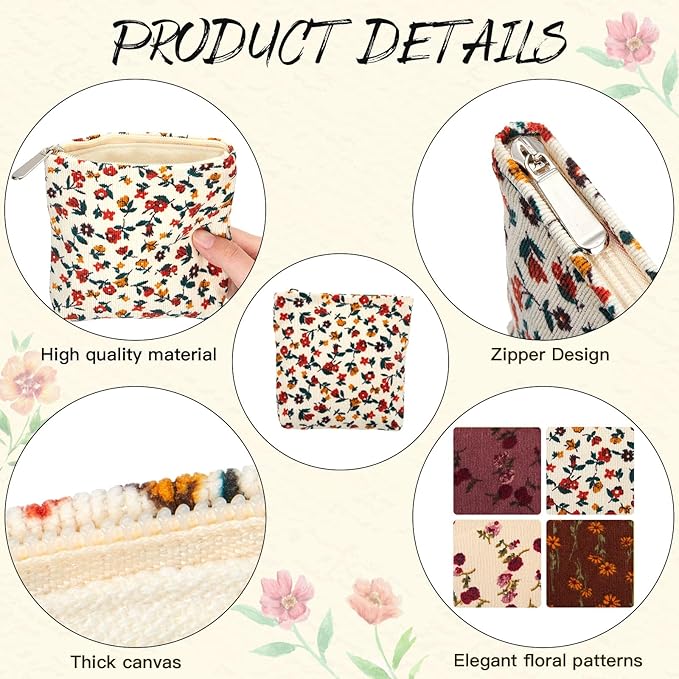 Abbylike 4 Pcs Small Makeup Bag Corduroy Cosmetic Pouch with Zipper Portable Little Bags for Purse Mini Pouch Cute Makeup Purse for Coin Essentials Items Women(Elegant)