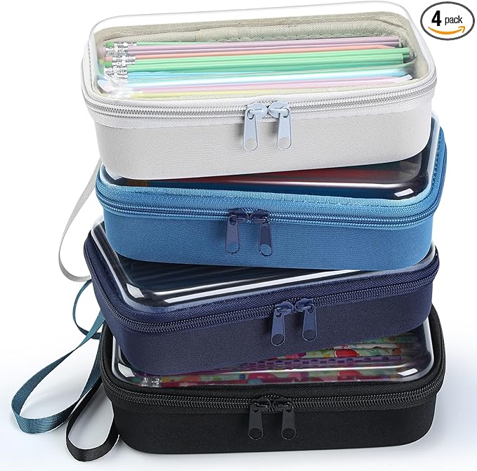4 Pcs Hard Clear Zipper Case Hard Shell Plastic Pencil Case Large Transparent Pencil Box Portable Travel Organizer Toy Storage Bins for Home Office Cosmetics(Gray,Dark Blue,Blue,Black)