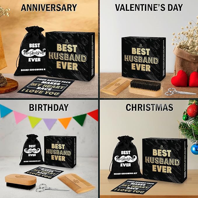 Husband Gifts for Him - Beard Kit for Men Grooming and Care with Brush, Comb, Scissors & Storage Bag - Husband Birthday Gift Ideas, Anniversary Retirement Birthday Gifts for Men