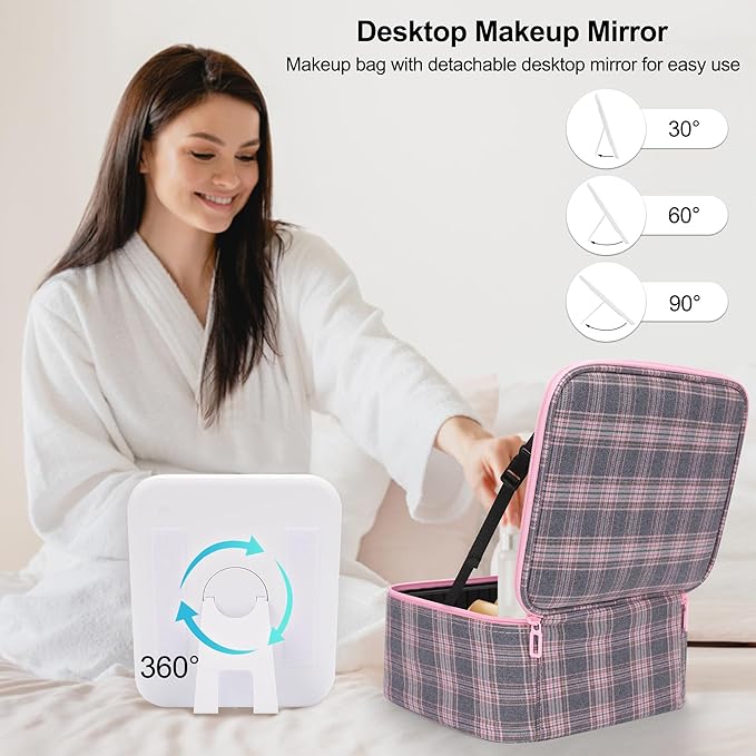 TANTO Makeup Bag With LED Mirror, Travel Makeup Case with Light up Mirror Large Cosmetic Case with 3 Color Lighted Portable Organizer Bag with Adjustable Dividers(Pink/Grey Stripes-Canvas, Small)