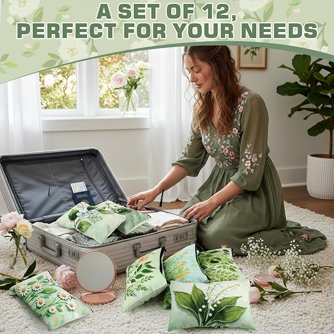 Sweetude 12 Pcs Spring Flower Makeup Bag Bulk Green Portable Travel Cosmetic Bags with Zipper Green Plant Floral Waterproof Roomy Travel Beauty Toiletry Organizer Storage Pouch for Women Spring Gifts
