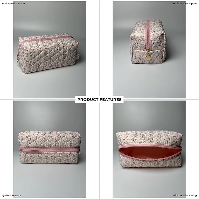 Floral Quilted Cotton Makeup Bag for Women, Large Capacity Travel Cosmetic Pouch with Zipper, Cute Toiletry & Brush Organizer, Kawaii Makeup Storage Case – Pink Floral