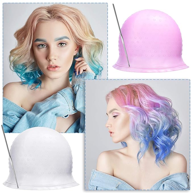 3 Pieces Reusable Silicone Hair Staining Cap Multicolor Hair Coloring Dye Cap with Metal Hook Silicone Hair Coloring Cap for Home Salon Hairdressing Tools (Blue, White, Purple)