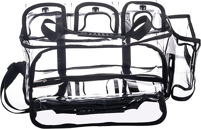 Wide Open Large Professional Clear PVC Travel Makeup Artist Set Bag Cosmetic Nails Beauty Bags Transparent Vinyl Tool Organizer Beach Bags Diaper Bag with 6 External Pockets & Strap (Black)