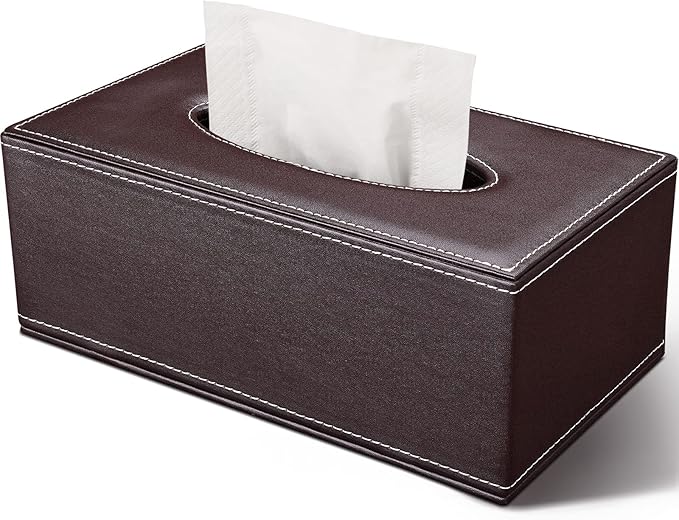 Tissue Box Cover Rectangle, PU Leather Tissue Box Holder Rectangular, Kleenex Box Covers for Home/Office/Car Decoration 9.84"X5.23"X3.77" - Brown