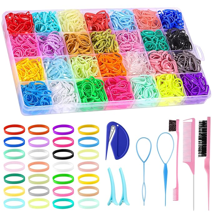 28 Colors Rubber Bands with 8 Hair Styling Tools, 1500 Pcs Colorful Elastic Ties Small Rubber Bands Baby Toddler Ties Daughter Valentines Day Gifts