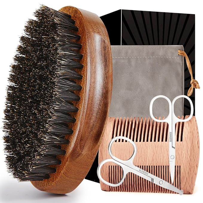 Walnut Wood Grooming Set for Men: Boar Bristle Brush, Beard Comb, Mustache Scissors, and Travel Bag