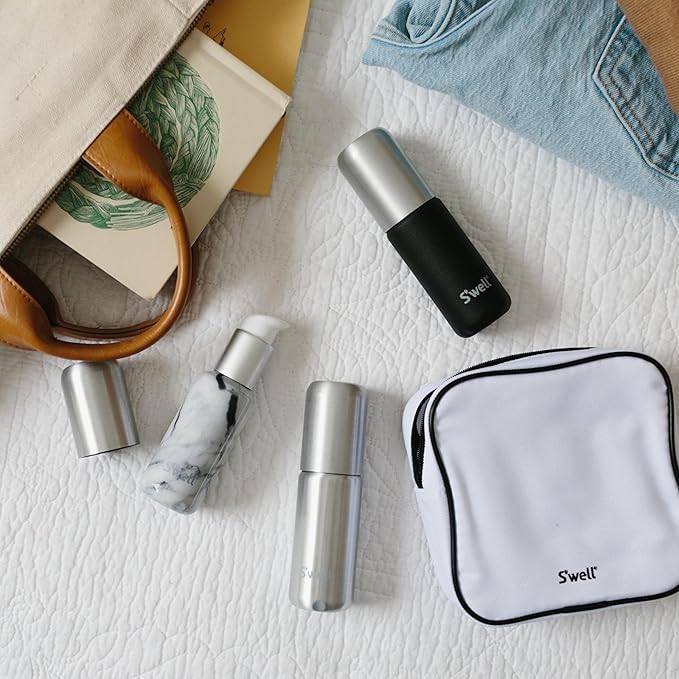 S'well 3.4oz Travel Bottle Set, Includes 3 Lightweight and Recyclable Aluminum Bottles, Leakproof Pumps For Shampoo, Conditioner, Body Wash, Lotions, Sanitizers, and More, TSA Carry On Approved