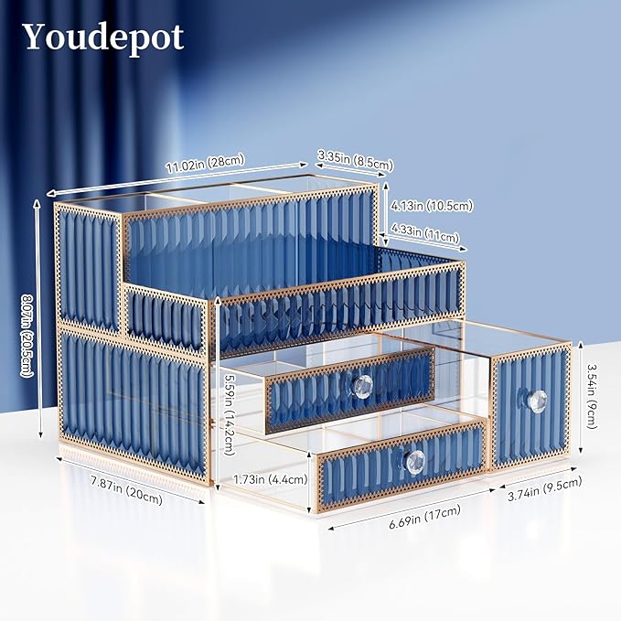 Makeup Organizer Blue - Tempered Glass Vanity Organizer for Cosmetics, Skincare, Hair Tools, Brushes, Perfume - Multipurpose Bathroom Counter Skincare Organizer