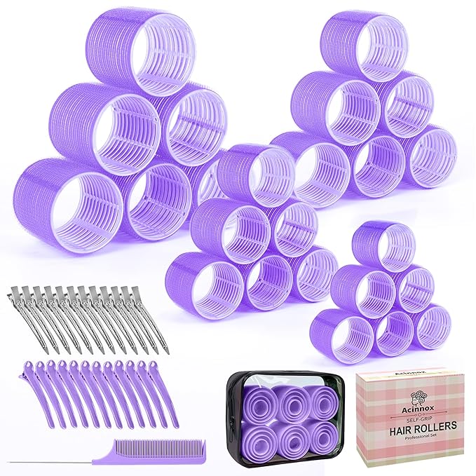 4 Sizes Self-Grip Hair Rollers Set with Clips - 4 Sizes for Long, Short Hair & Bangs (25mm, 36mm, 48mm, 60mm),(Purple, 4 Sizes)