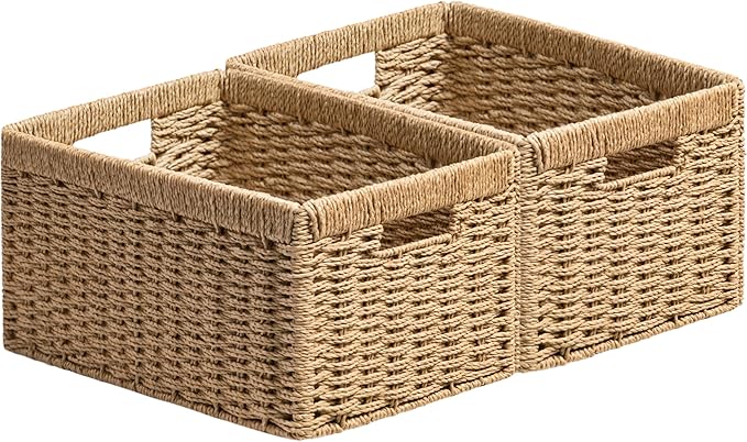 UBBCARE 2 Pack Wicker Basket, 13.4L×8.3H×7.1W inch Woven Paper Rope Storage Baskets for shelves, Foldable Rectangular Storage Baskets with Handle, Storage Basket for Organizing, Natural