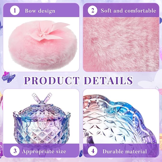 Tioncy 4 Pcs Large Body Powder Puff and Container Extra Large Body Powder Puff Dish Soft Washable Reusable Fluffy Makeup Sponge Wet Dry(Butterfly,Purple and Clear)
