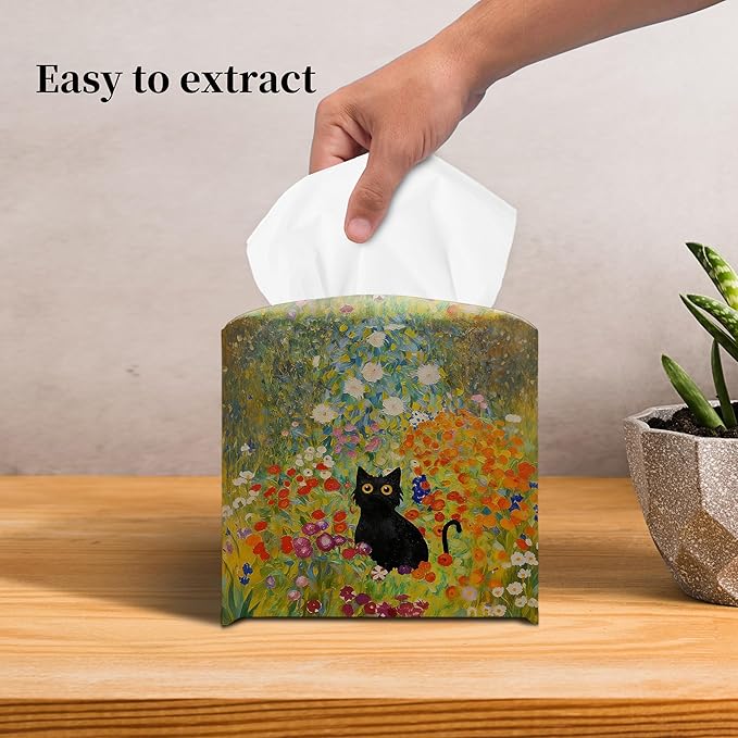 Grace Yonks Art Tissue Box Cover Square - Black Cat in Wildflower Garden Design 5.2" PU Leather Holder for Vanity, Desk, or Bathroom Counter - Cube Case for Facial Tissues. (120)