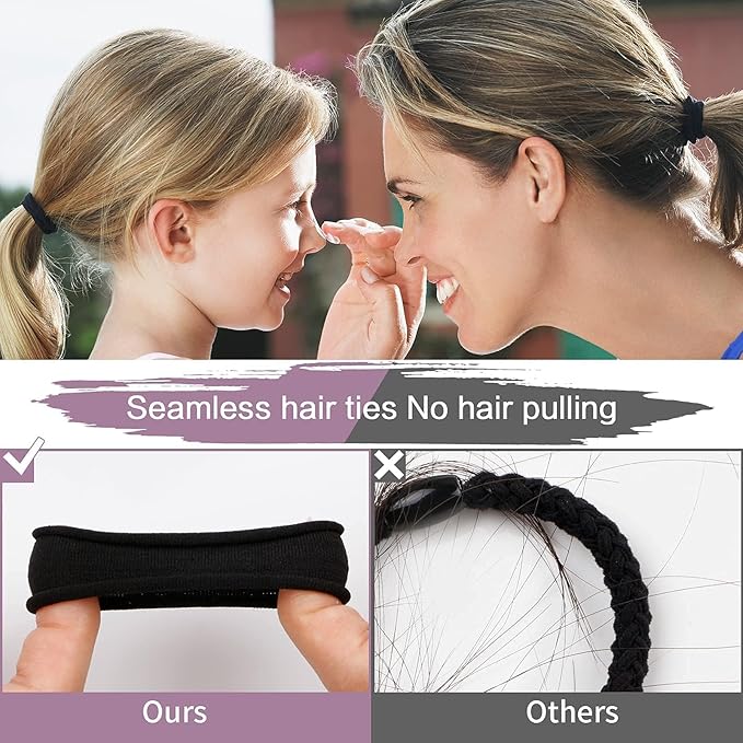 100PCS Black Hair Ties for Women, Seamless Cotton Hair Bands, No Crease No Damage Hair Tie for Thick Thin Hair, Soft Ponytail Holders, Hair Accessories for Girls