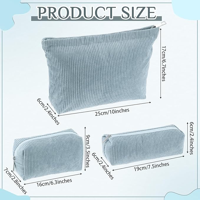 3 Pcs Makeup Bag Set for Women Corduroy Cosmetic Pouch Aesthetic Smile Travel Toiletry Bag Cute Purse Pouch Pencil Case Makeup Brushes Storage Organizer with Zipper(Blue,Solid Style)