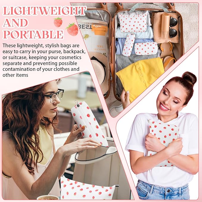 3 Pcs Makeup Bag Set for Women Corduroy Cosmetic Pouch Aesthetic Smile Travel Toiletry Bag Cute Purse Pouch Pencil Case Makeup Brushes Storage Organizer with Zipper(White,Strawberry)
