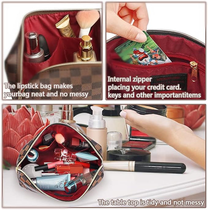 2 Pack Makeup Bag Set for Women, Large Brown Leather Cosmetic Bag + Small Zipper Pouch, Water-Resistant Travel Toiletry Organizer with Smooth Metal Zipper, Stylish Storage for Daily Use & Gift