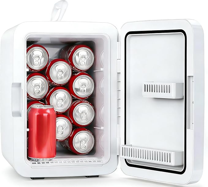 Compact Mini Fridge, Portable Small Refrigerator with AC/DC Adapters, 10 Liter / 2.6 Gal Small Cosmetics Cooler for Beverage, Food, Skincare, Bedroom, Office and Car, White