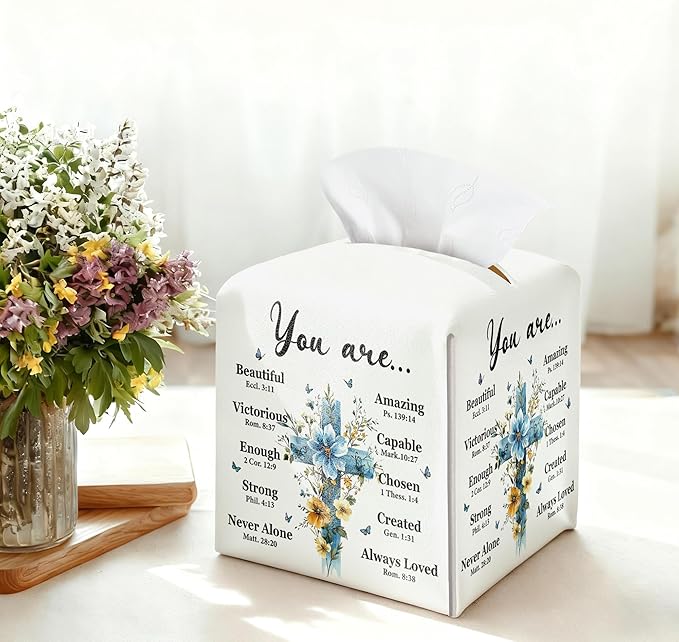 Easter Cross Tissue Box Cover, PU Leather Drawstring Bottom - God Bible Verse, Wildflower Cross Decor, Thank You, Blessing, Farewell, for Friends, Colleagues, Christians | Decorative Organizer