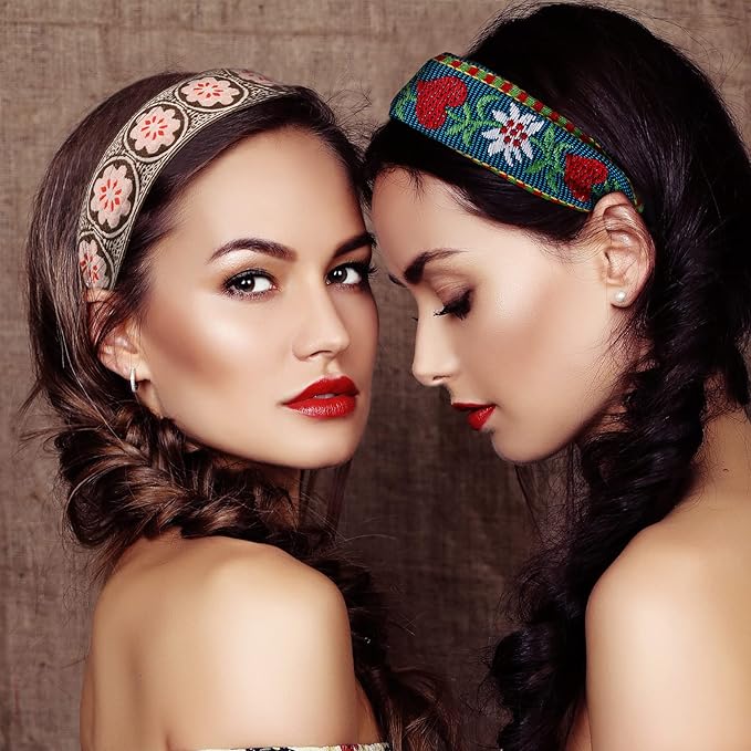 EBOOT 4 Pieces Boho Headband for Women Embroidery Wide Hair Band Bohemia Floral Knotted Wide Headbands Vintage Ethnic Style Girls Accessories(Delicate Pattern)