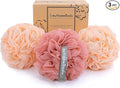 myHomeBody Large 70g Loofah Sponge, Body Scrubber, Bath Sponge, Loofah for Women, Men, Exfoliating Sponge Shower Pouf with Activated Charcoal - 2 Peach + 1 Coral Red, 3 Pack