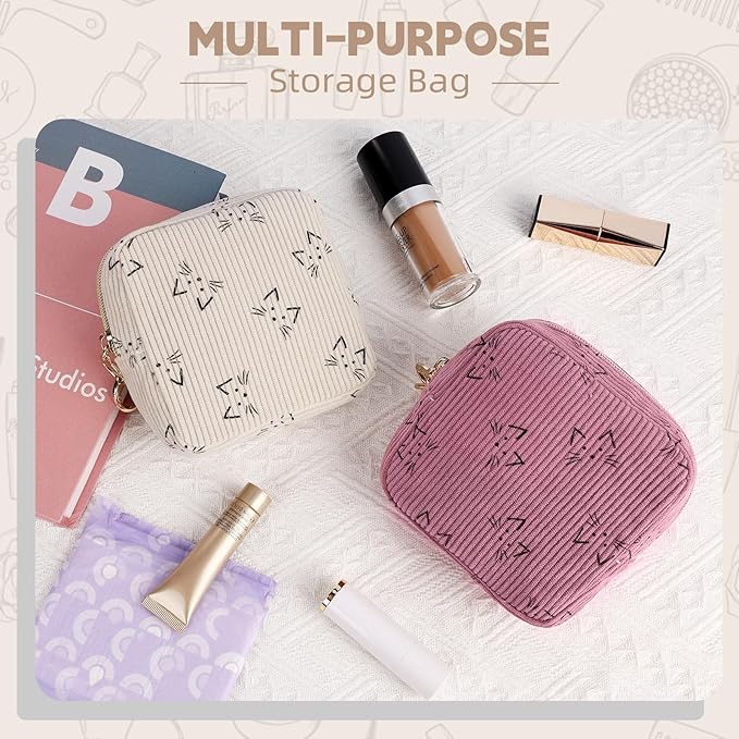 Period Bag for Teen Girls, Corduroy Cute Cats Sanitary Napkin Storage Bag, Menstrual Pad Pouches Tampon Holder for Purse (Beige-Cats)