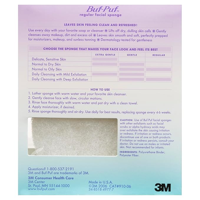 Buf-Puf Facial Sponge, Dermatologist Developed, Removes Deep Down Dirt & Makeup That Causes Breakouts and Blackheads, Reusable, Exfoliating, White, 5 Count